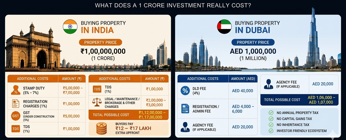 What Does a ₹1 Crore Property Investment Really Cost? India vs Dubai Comparison