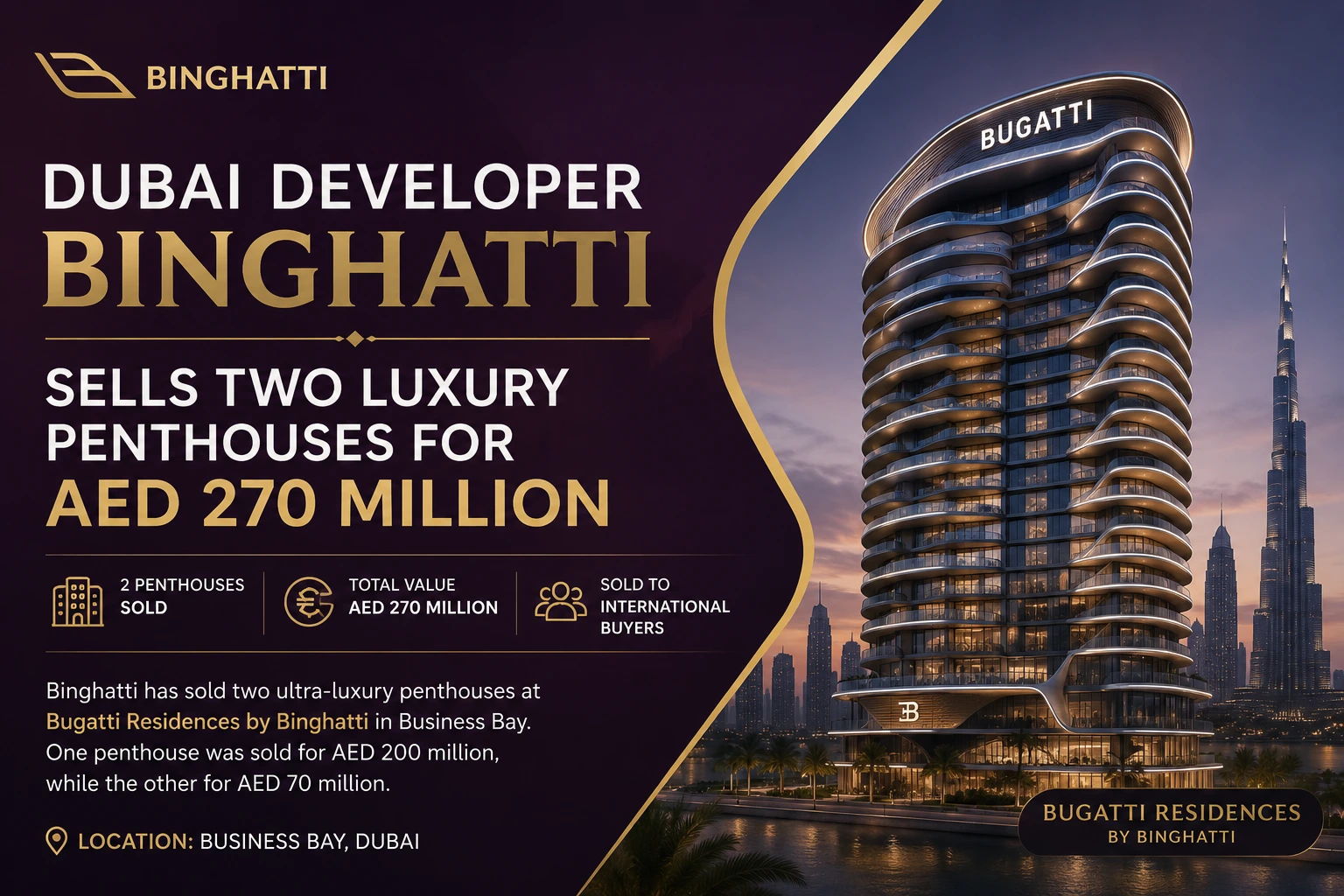 Dubai Developer Binghatti Sells Two Luxury Penthouses for AED 270 Million Amid Strong Demand for Ultra-Luxury Real Estate
