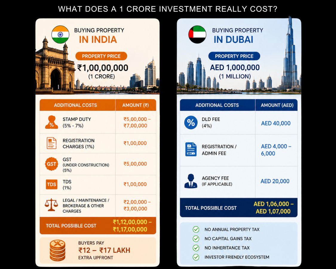 What Does a ₹1 Crore Property Investment Really Cost? India vs Dubai Comparison