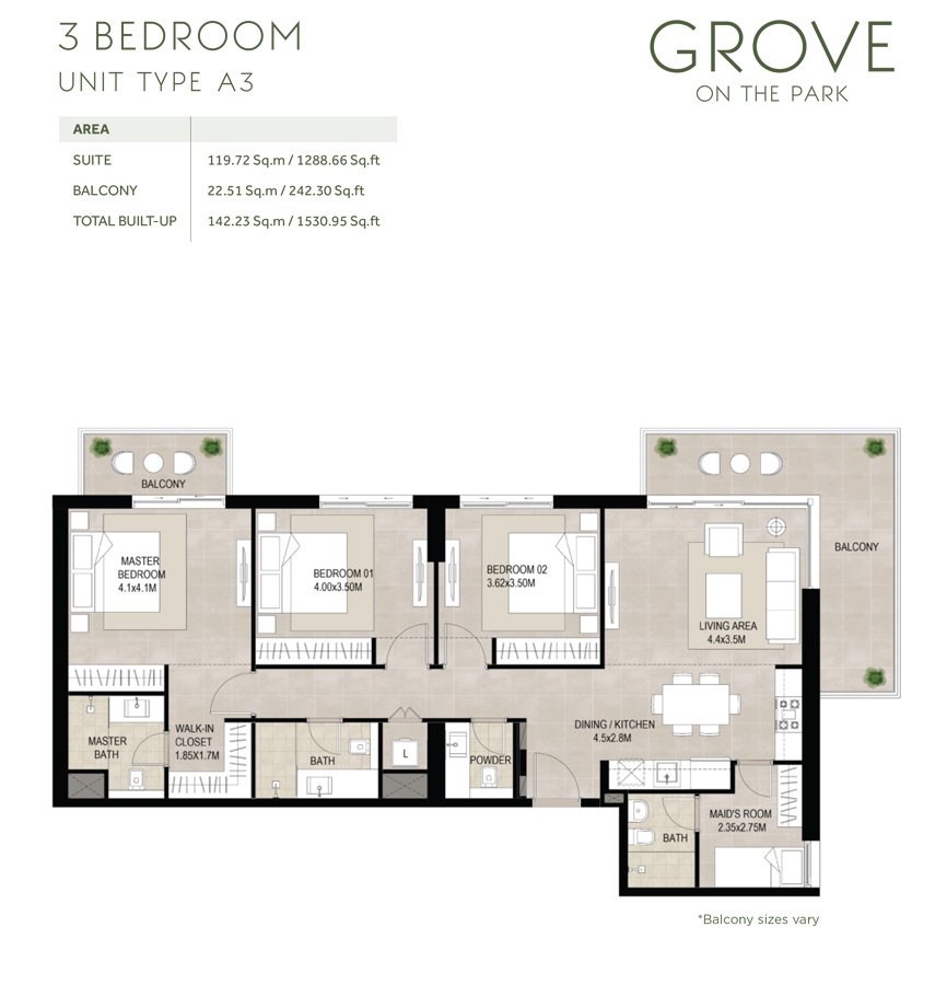Grove on The Park 3 BR Apartment Floor Plan