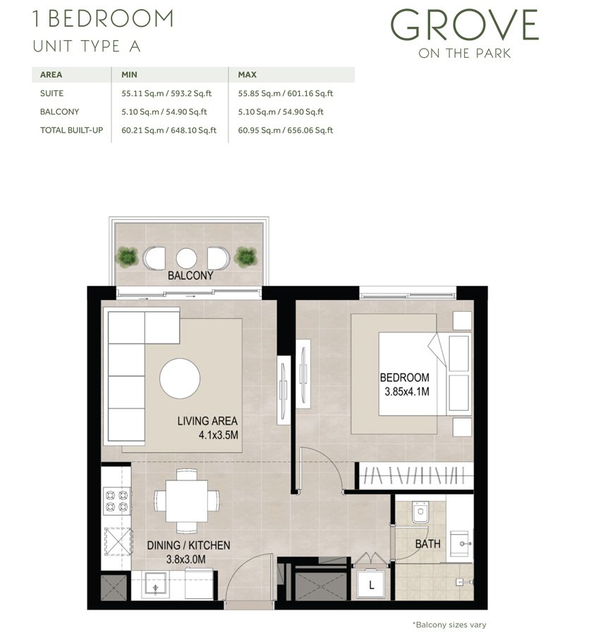 Grove on The Park 1 BR Apartment Floor Plan