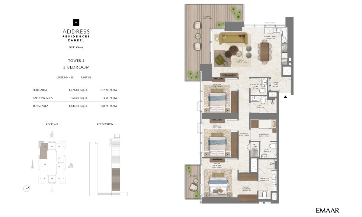 Address Residences Zaabeel 3 BR Apartment Floor Plan