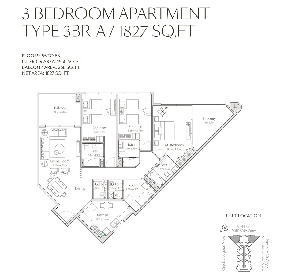 Regalia Tower by Deyaar 3 BR Apartment Floor Plan