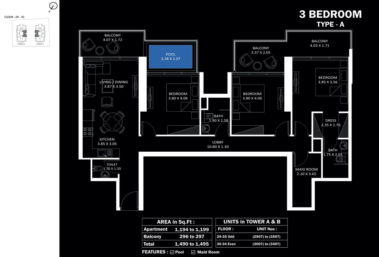 Danube Elitz Phase 2 3 BR Apartment Floor Plan