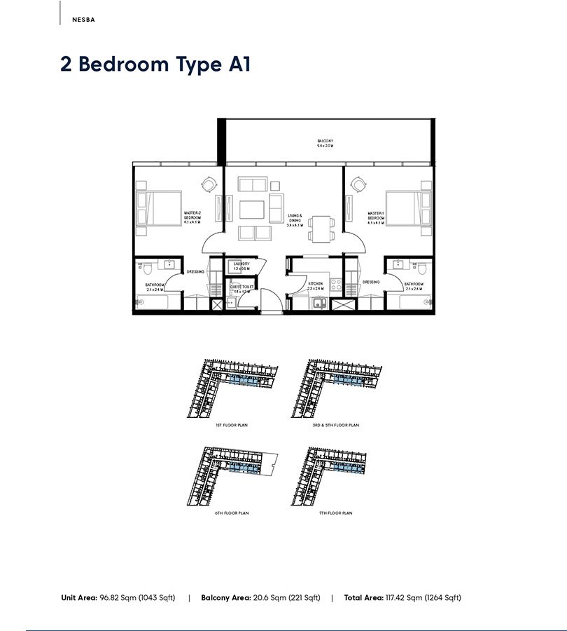 Nesba 1 at Aljada 2 BR Apartment Floor Plan
