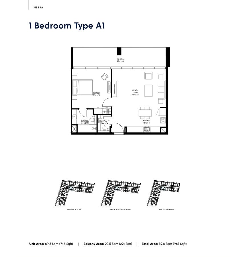 Nesba 1 at Aljada 1 BR Apartment Floor Plan