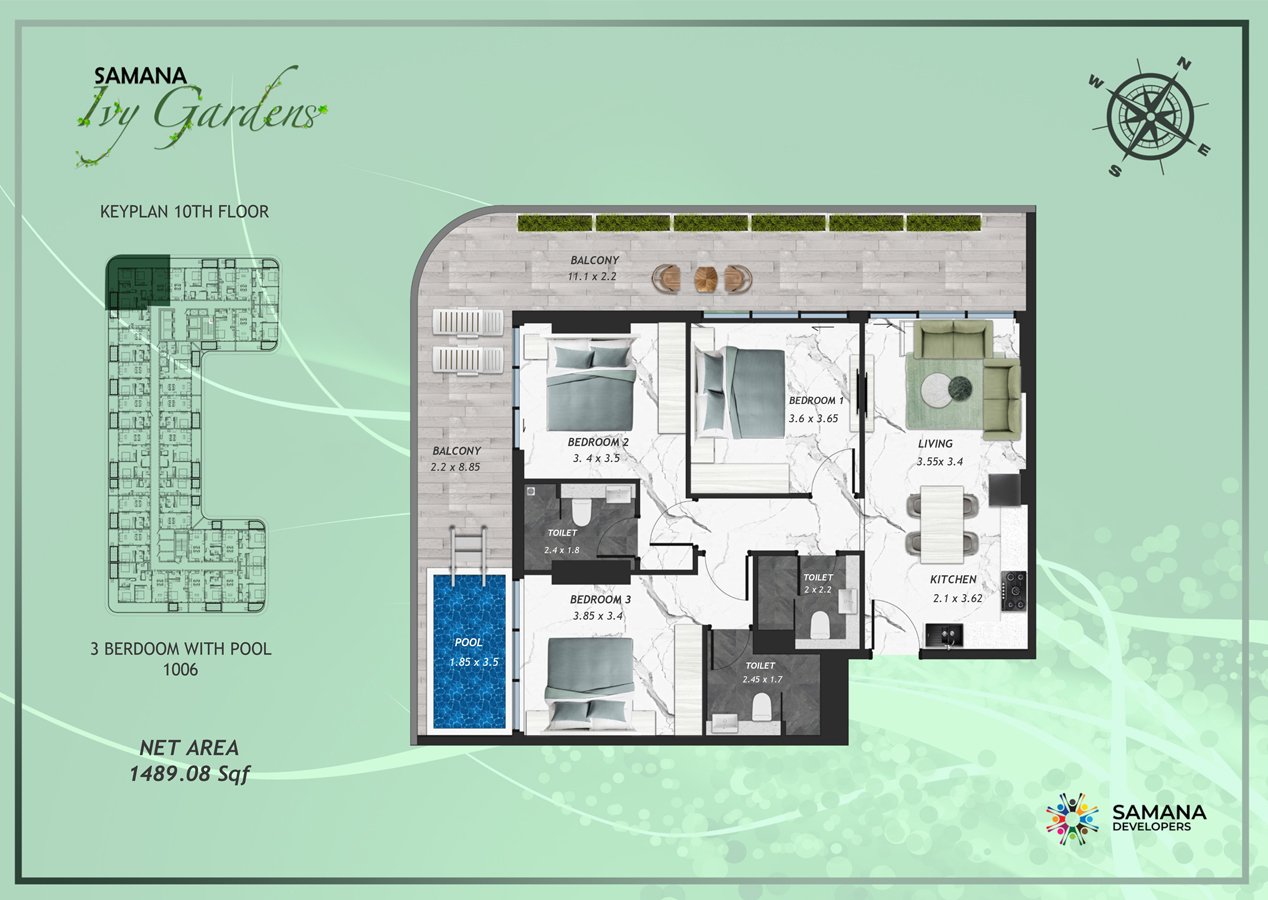 Samana IVY Gardens 3 BR Apartment Floor Plan