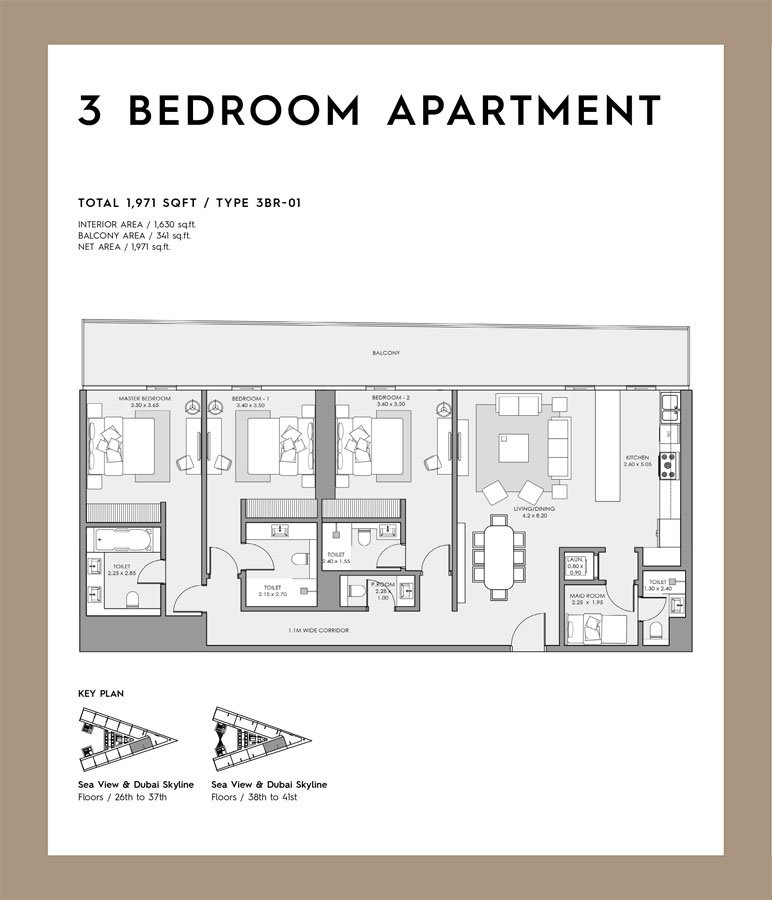 Mar Casa by Deyaar 3 BR Apartment Floor Plan
