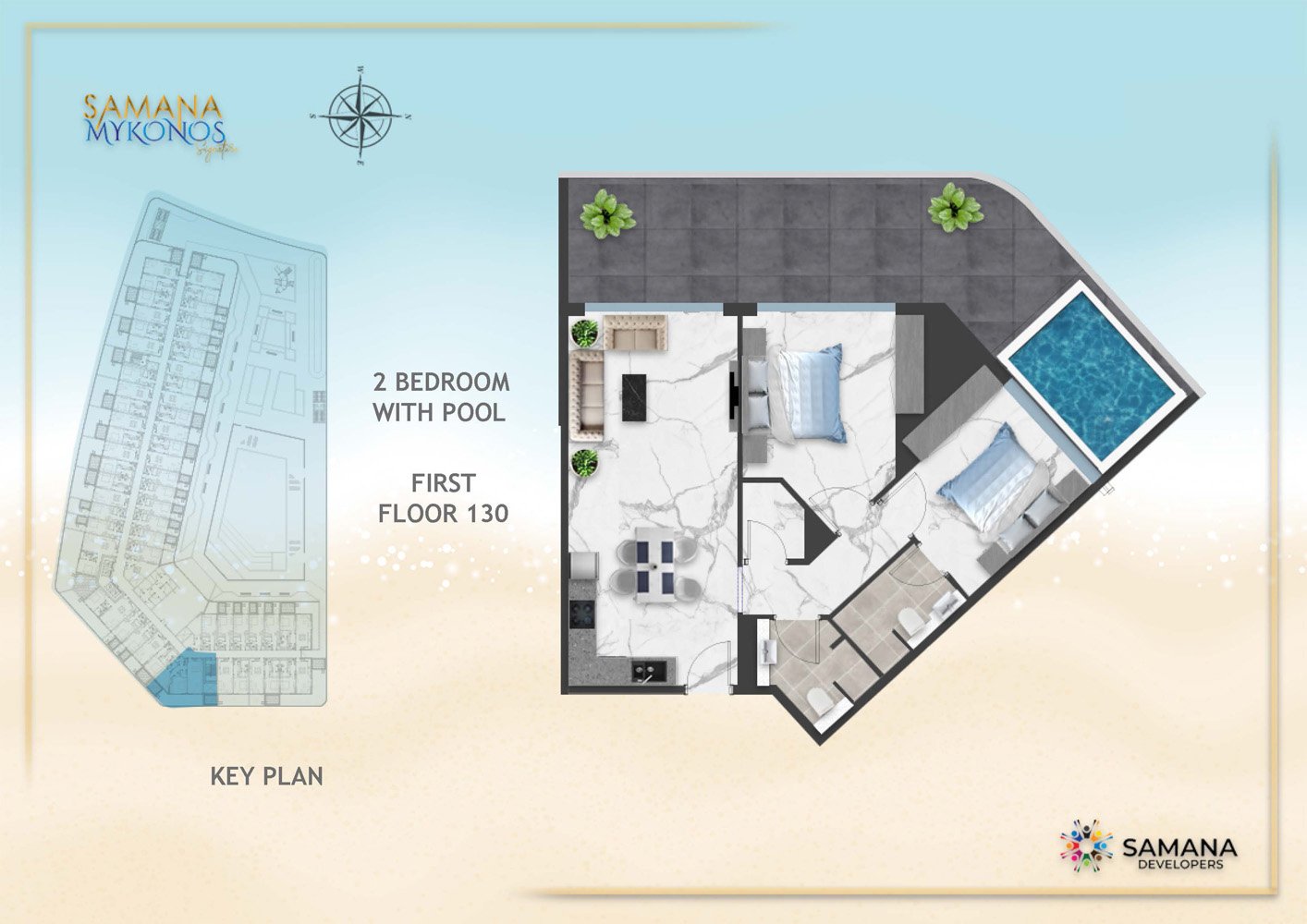 Samana Mykonos Signature 2 BR Apartment Floor Plan